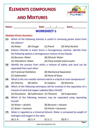 Grade Science Olympiad Elements Compound And Mixtures Tumakuru